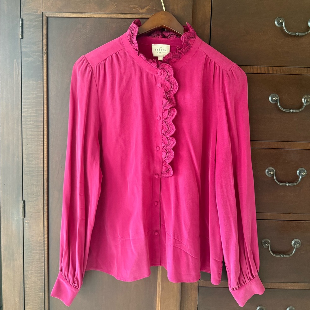 Sézane Chloe Embroidered Silk Blouse in Bougainvillea Pink FR 44 US 12